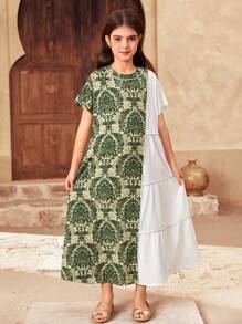 SHEIN Leap Crew Tween 女童超大休闲图案拼色多层圆领连衣裙 - 綠色 - 查看 4