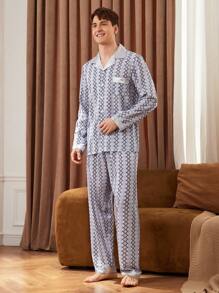 2 Stücke Herren geometrisches Muster Langarm Einzelknopf-Top und Hose Loungewear Set