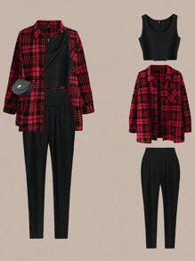 Flirla Plus Size 3pcs Set: Plaid Long Sleeve Shirt, Ribbed Vest And Ribbed Pants - Multicolor - View 5