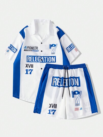 Prep Conjunto informal de camisa de béisbol de manga corta con botones y estampado de letras de carreras, junto con shorts de cintura con cordón para hombres