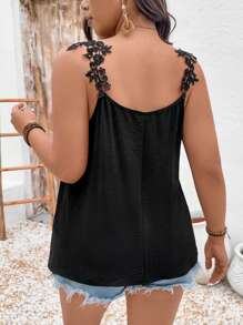 SHEIN LUNE Plus Size Women V-neck Floral Lace Tank Top, swobodny strój wakacyjny na lato