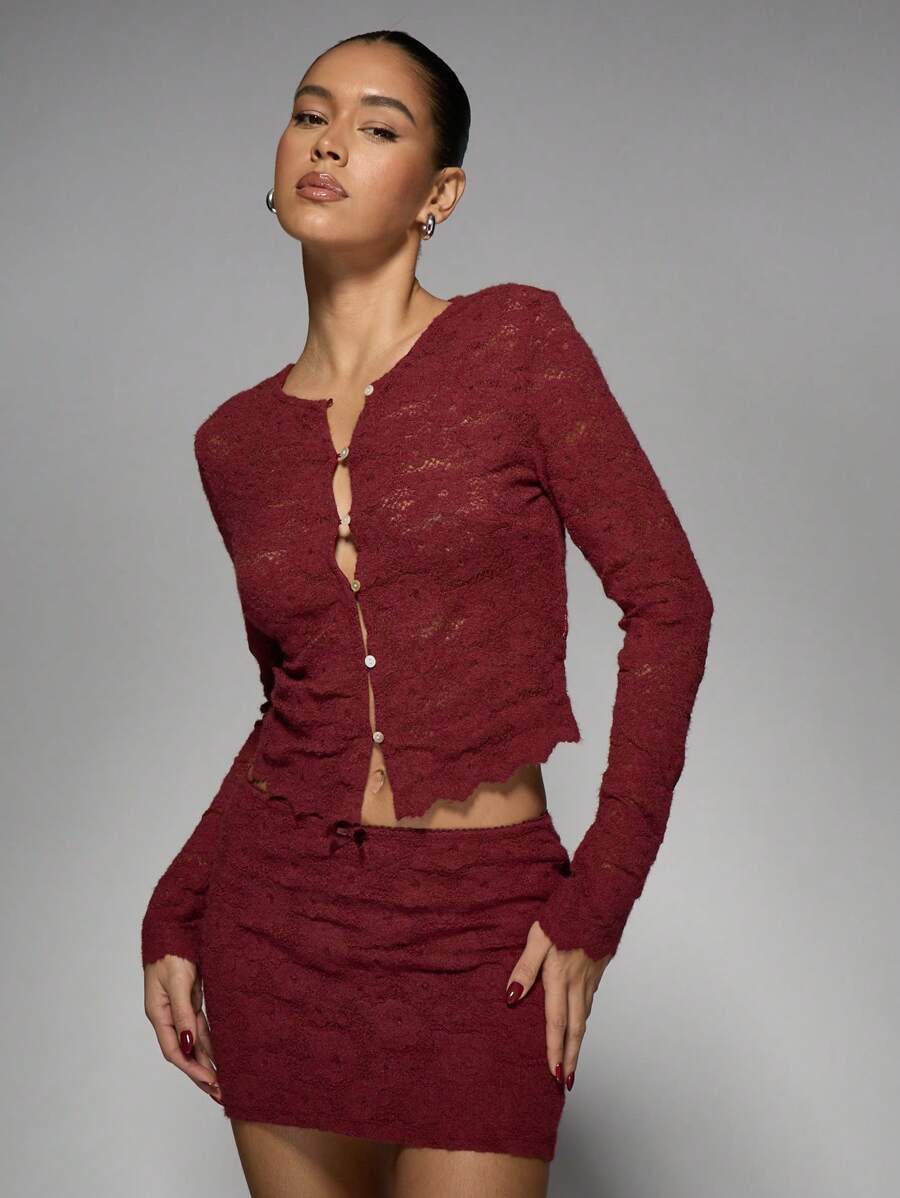 MISSGUIDED Luxury Lace Button-Front Cardigan And Mini Skirt Set Date Night Party Club Evening Wear Two-Piece Outfit Fall Winter Fashion Set Christmas