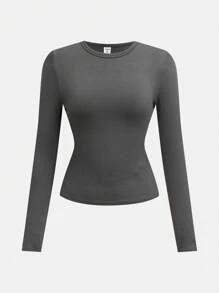 SHEIN Girlism 2 Pcs/Set Teen Girls Ribbed Long Sleeve T-Shirt And Camo Cargo Pants Set - Collegiate, Athleisure, Casual, Vintage/Boho, Fold Over - Grey - View 3