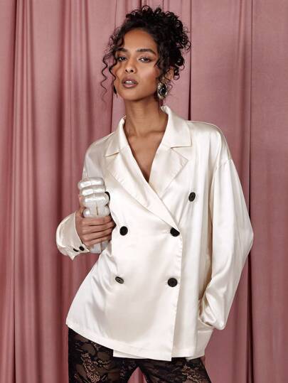 COSMINA Blazer casual de mujer de unicolor con solapas grandes, hombros caídos, manga larga y doble botonadura