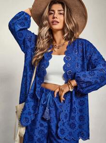 Freevana VCAY 加大码刺绣透视衬衫搭配短裤套装 女士度假装 女士夏季装 女士外出上衣 女士商务休闲装 狂欢装 节日热带度假女装 女士教师装 狂欢节、节日装 - 寶藍色 - 查看 1