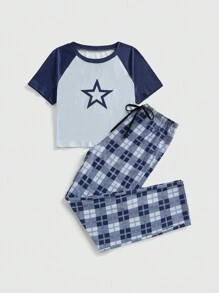 ROMWE Grunge Punk Conjunto de pijama para mujer con estampado de estrellas y cuadros, de manga raglán y short - Azul - Ver 1