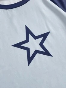ROMWE Grunge Punk Conjunto de pijama para mujer con estampado de estrellas y cuadros, de manga raglán y short - Azul - Ver 3