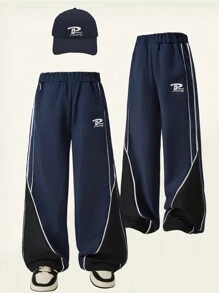 SHEIN Explorewe 1 条男童美式休闲时尚拼布设计运动裤，夏季新品 - 藏蓝色 - 查看 5