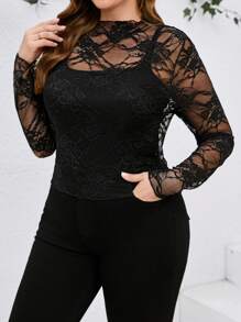 SHEIN Clasi Plus Size Women Contrast Lace Long Sleeve Fitted Fashionable Blouse - Black - View 3