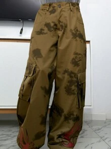 PAVTROS Manfinity Streetrush Men Wear Flame-Printed Trousers At Side Feet, Clothes Suitable For Street - Khaki - View 3