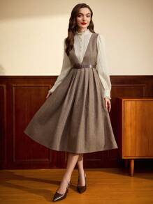 Vintamour Vintage Elegant Women's Dress, Autumn/Winter Fitted Lace Trim Stand Collar Ruffle Hem 2 In 1 Colorblock Long Sleeve A-Line Dress Valentines Birthday Dresses For Women Dresses For Women Elegant Birthday Outfits For Women Business Casual Woman Old Money Style Women Teacher Clothes Modest Dresses For Women Tea Party Outfit Spring Date Night Dress Women