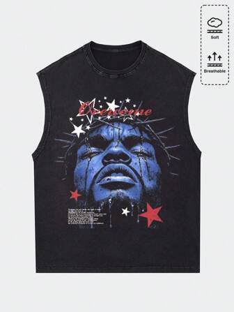Grunge Punk Chaleco suelto y lavado con estampado para hombre