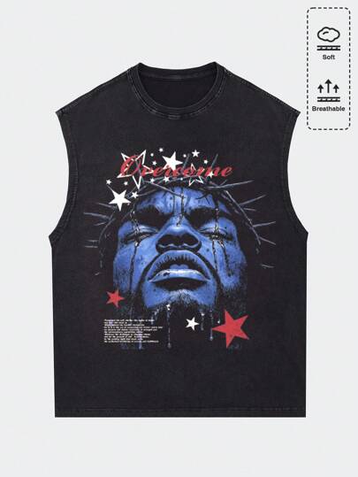 Grunge Punk Chaleco suelto y lavado con estampado para hombre