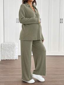 SHEIN 2pcs/Set Loose Maternity Shirt With Epaulet Sleeves And Adjustable Waistline Straight Pants Set, Autumn - Green - View 7