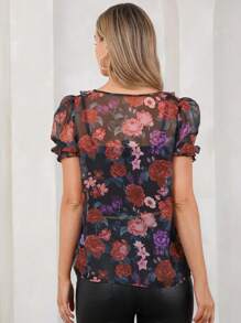 SHEIN Clasi Rose Print Comfortable & Elegant Ruffle Hem Women's Shirt, New Years Women ,New Years Top, Valentine's Day