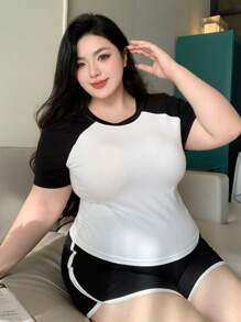 Dazy Plus 拼色短袖睡衣套装短裤家居服运动休闲四季