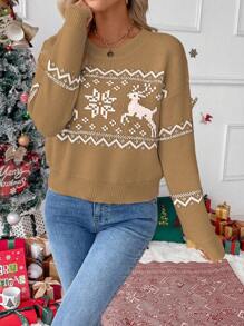 Chiquease Christmas Reindeer Graphic Drop Shoulder Knit Sweater