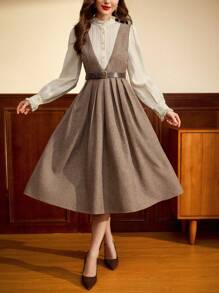 Vintamour Vintage Elegant Women's Dress, Autumn/Winter Fitted Lace Trim Stand Collar Ruffle Hem 2 In 1 Colorblock Long Sleeve A-Line Dress Valentines Birthday Dresses For Women Dresses For Women Elegant Birthday Outfits For Women Business Casual Woman Old Money Style Women Teacher Clothes Modest Dresses For Women Tea Party Outfit Spring Date Night Dress Women