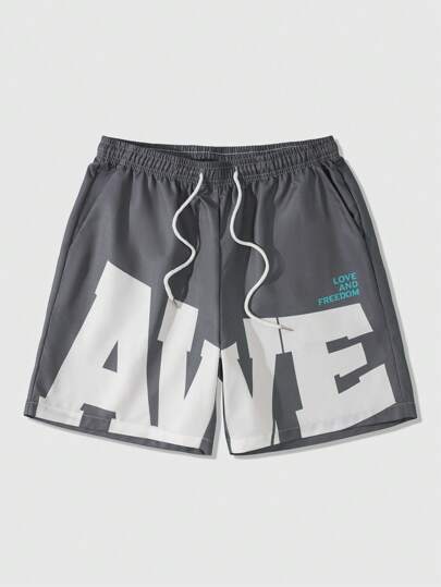 Prep Short de basketball casual pour hommes avec imprimé lettres, lacet à l'avant et poches