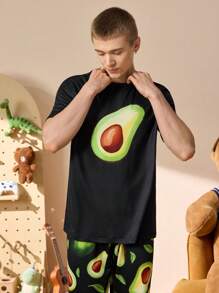Happy Jammies Men Avocado Print Short Sleeve Round Neck Top And Pants Loose Home Service 2pcs Set