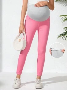 SHEIN Maternity Plain Color Splice Pocket Simple Fitted Casual Jeans - Pink - View 1