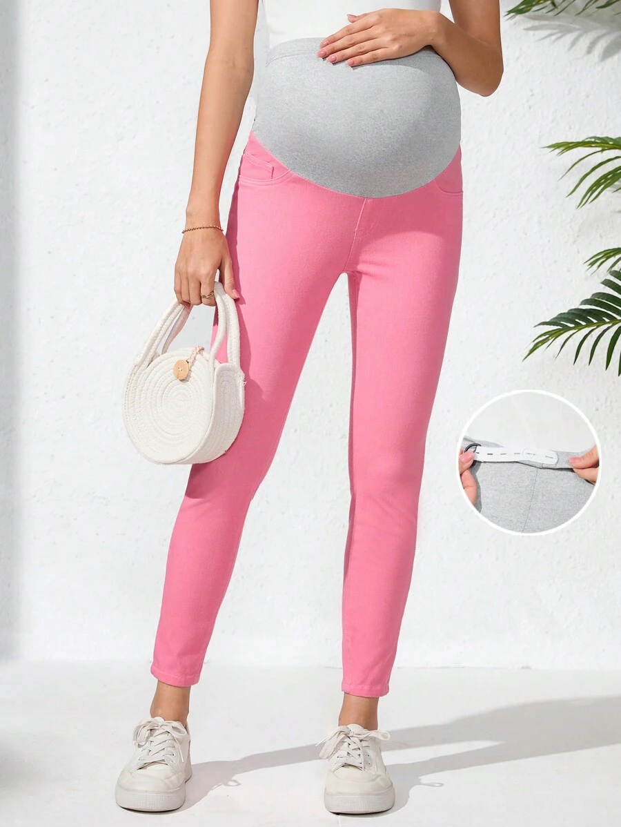 SHEIN Maternity Plain Color Splice Pocket Simple Fitted Casual Jeans - Pink - View 1