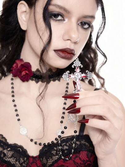 Goth 2pcs Y2K Retro Personalized Gothic Aesthetic Dark Valentine's Day Set - Black Velvet & Lace Camellia Choker + Silver Chain Glass Beaded Star, Skull, Cross Pendant Necklace Set, Suitable For Women, Holiday Gift