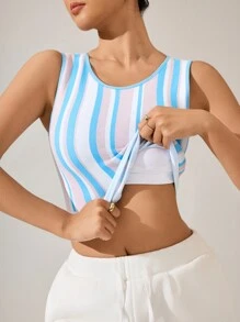 Easithlete 女士圆领休闲条纹运动胸罩 - 藍色 - 查看 4