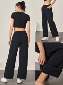 GLOWMODE 混紡棉毛絨寬鬆闊腳褲,配口袋舒適保暖 - 黑色 - 查看 6