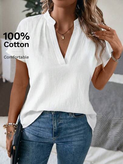 SHEIN Summer Casual Shirt With Texture And Simple Batwing Sleeves And Notched Collar,Sleeveless Tops