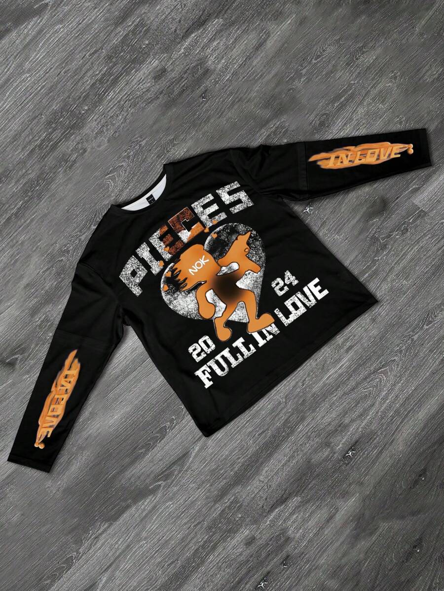 Manfinity EMRG Camiseta casual de hombre con estampado de corazón y letras, otoño