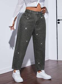 SHEIN ICON Jeans versátiles y casuales de talla grande para mujer con bolsillos, lentejuelas y rhinestones en forma de cono