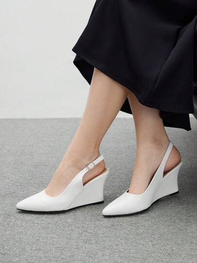 CUCCOO BIZCHIC Women's Fashion White Backstrap Pointed Toe Wedge Heels, Suitable For Commuting, Dating, Party, Holiday Spring Shoes Spring Break Easter For Christmas Spring Shoes