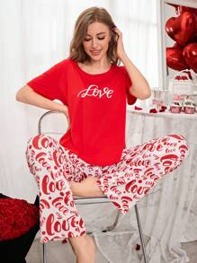 Love Letter Print Short Sleeve & Long Pants Pajama Set For Valentine's Day - Red and White - View 4