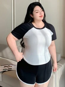 Dazy Plus 拼色短袖睡衣套装短裤家居服运动休闲四季