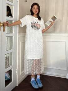 DAZY 2 件女装套装：印花中长款宽松圆领 T 恤 + 蕾丝细肩带连衣裙 - 米色 - 查看 8