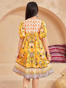 SHEIN Leap Crew Lockeres, legeres A-Linien-Kleid mit Rundhalsausschnitt, Blumenmuster und Patchwork - Gelb - Übersicht 2