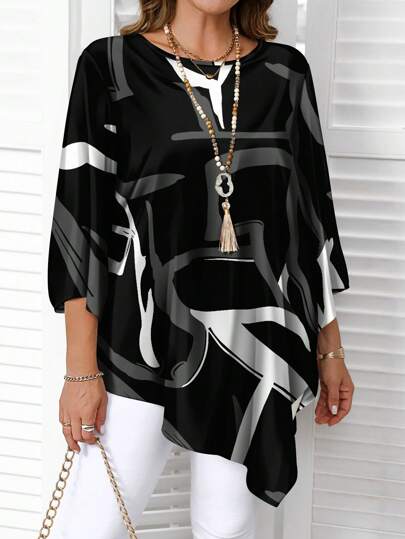 EMERY ROSE Casual Minimalistisk Full täckning Vintage abstrakt linjetrycksmönster Mångsidig skjorta i plusstorlek, lämplig för höst och vinter