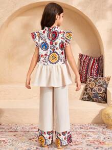 SHEIN Leap Crew 2pcs/Set Tween Girls Pattern Ruffle Trim Loose Fit Round Neck Top And Pants Set - White - View 2