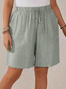 EMERY ROSE Quần short ống đứng màu xanh đậm có dây rút eo đàn hồi kẻ sọc cỡ lớn cho nữ vào mùa hè - Bạc - Xem 4