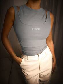 Athîral Women Round Neck Sleeveless Letter Embroidered Minimalist Tank Top, Casual Everyday Wear