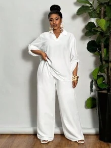 Slaydiva Plus Size Woman 2 Pieces All White Outfit Set: Loose Solid White V-Neck Casual Blouse & Straight Leg Pants, Lightweight Semi-Sheer Woven Fabric, Suitable For Spring/Summer Daily/Holiday Wear