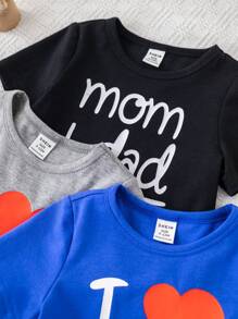 SHEIN 4件套婴儿爱心字母印花针织柔软圆领短袖连体衣，男女宝宝均适用