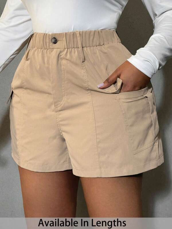 SHEIN PETITE CURVE Pantalones cortos sólidos y simples para uso diario de mujer talla grande, para vacaciones en la playa, primavera para mujeres, verano para mujeres, gráficos para mujeres, conciertos para mujeres, festivales rave, país, ropa occidental para mujeres, playa para mujer talla grande verano para personas de estatura talla grande baja