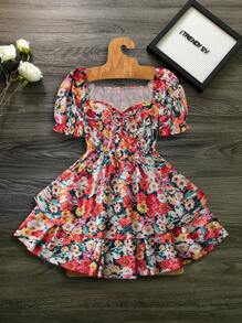 Flirla 大码女式波西米亚风花卉印花休闲海滩宽松腰系带中长连衣裙，适合夏季 - 彩色 - 查看 1