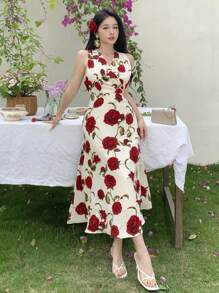 DAZY V-Neck Rose Print Sleeveless Belted Mid-Calf Length Dress For Women, Valentine's Day Floral Sundress