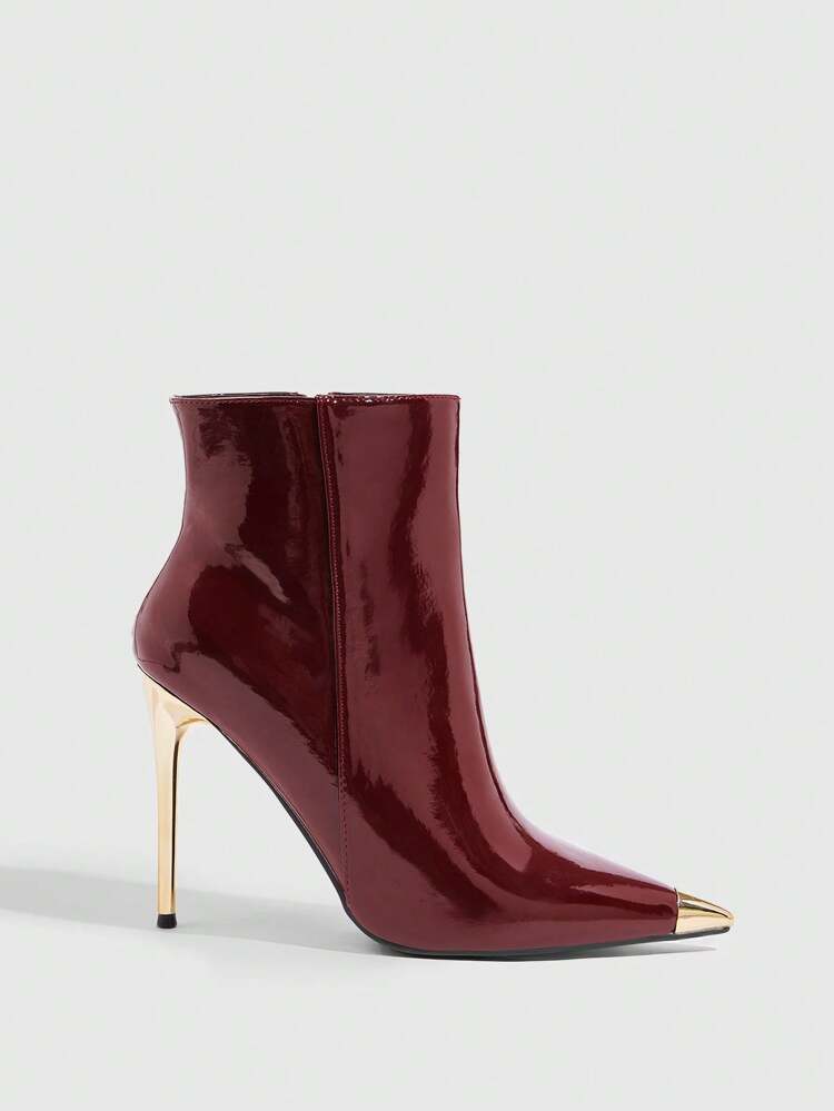 CUCCOO SZL Botas rojas burdeos nuevas de moda para mujeres, botas de tobillo de tacón de aguja con punta metálica puntiaguda al estilo europeo para fiesta, reunión, celebración del Día de San Valentín