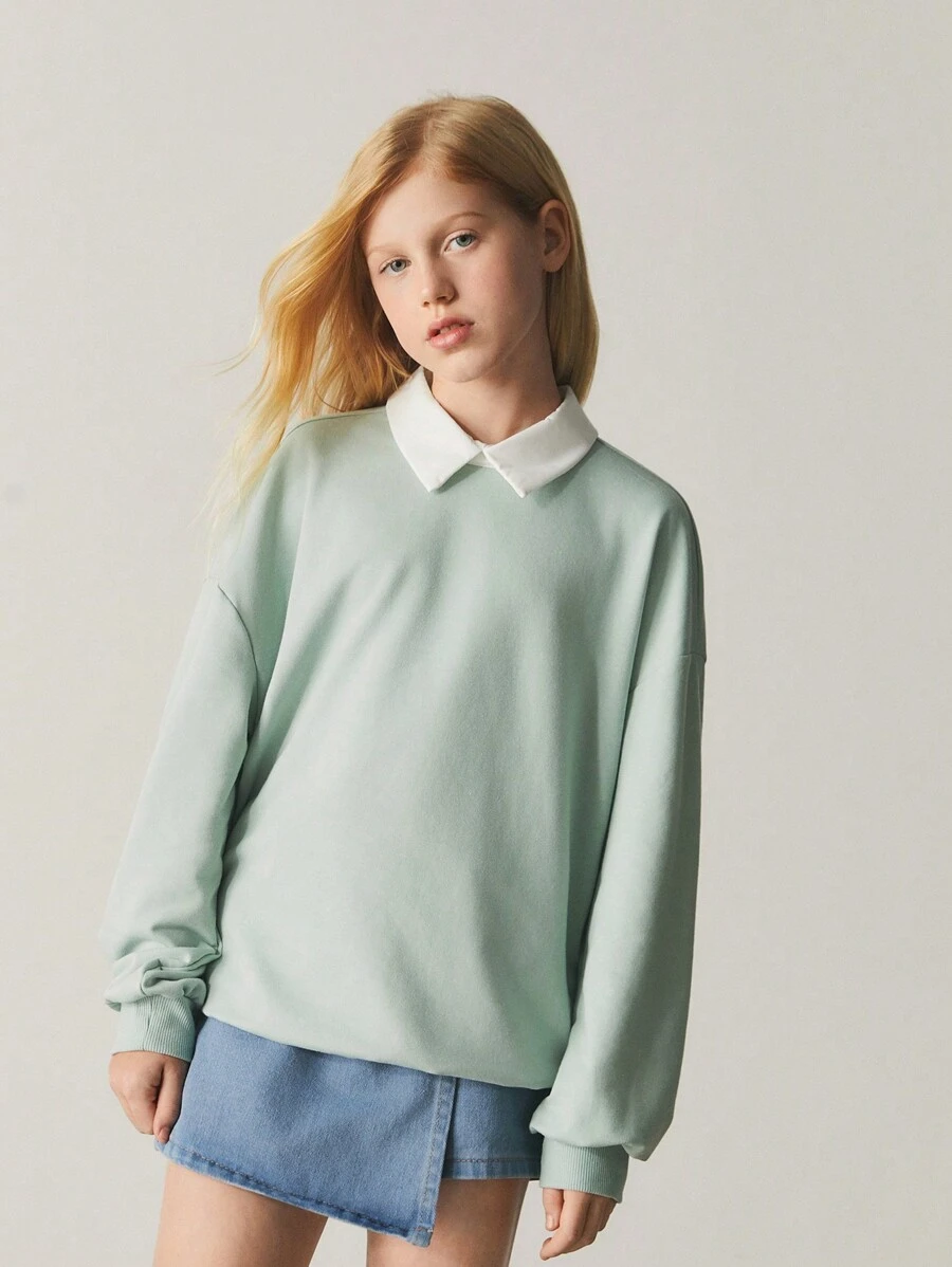 SHEIN Tween Girl Contrast Collar Keyhole Back 2 In 1 Pullover - Mint Green - View 1