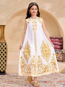 SHEIN Leap Crew Tween Girl Loose Elegant Sleeveless Round Neck Retro Print Chiffon Dress & Traditional Long Robe Two-Piece Set, Spring/Summer - Pink - View 3