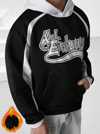 Manfinity Hypemode Sudadera con capucha de color bloque de contraste con estampado de letra para hombre, de uso casual en otoño/invierno, manga larga, color bloque, diseño ideal para regalar a amigos, esposo o novio